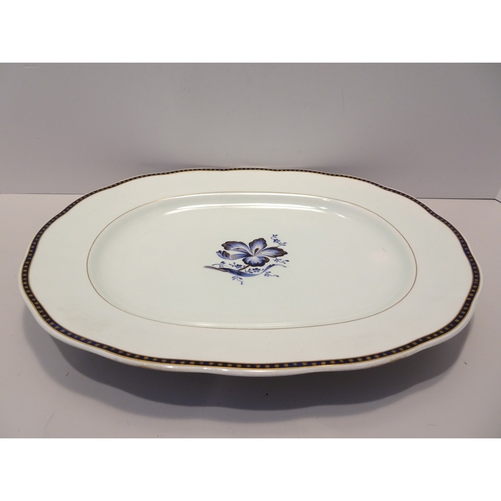 Rorstrand Sweden Porcelain Oval Serving Platter Blue Floral Gold Trim Scalloped